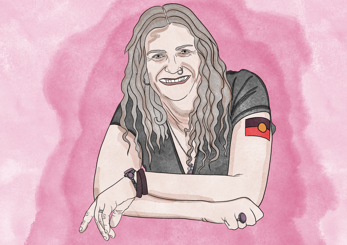 A stylised headshot of Claire G. Coleman, smiling, wearing a short sleeved back t-shirt, which reveals a tattoo of the Aboriginal flag on her left upper arm. 