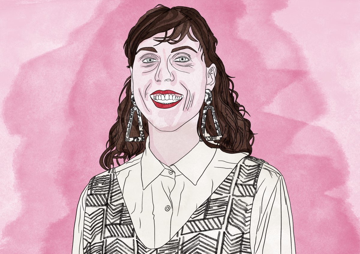 A stylised portrait of Izzy Roberts-Orr, smiling, she is wearing a patterned top over a pale shirt, with large, triangular earrings. 