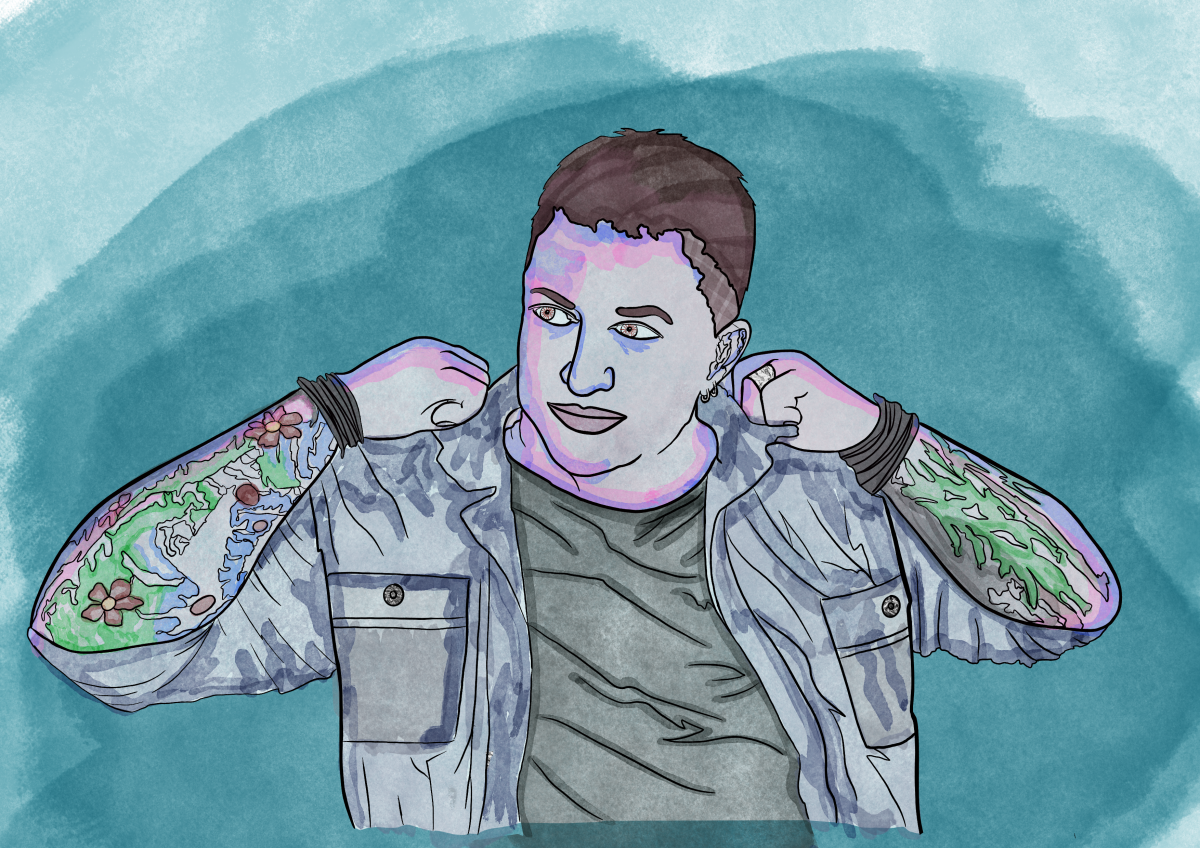 A stylized headshot of Quinn Eades, lifting the collar of his shirt, which is rolled up to reveal colourful tattoo sleeves.